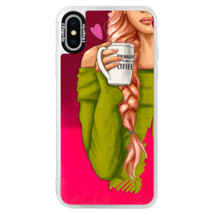 Neónové púzdro Pink iSaprio - My Coffe and Redhead Girl - iPhone XS