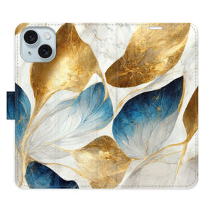 Flipové puzdro iSaprio - GoldBlue Leaves - iPhone 15